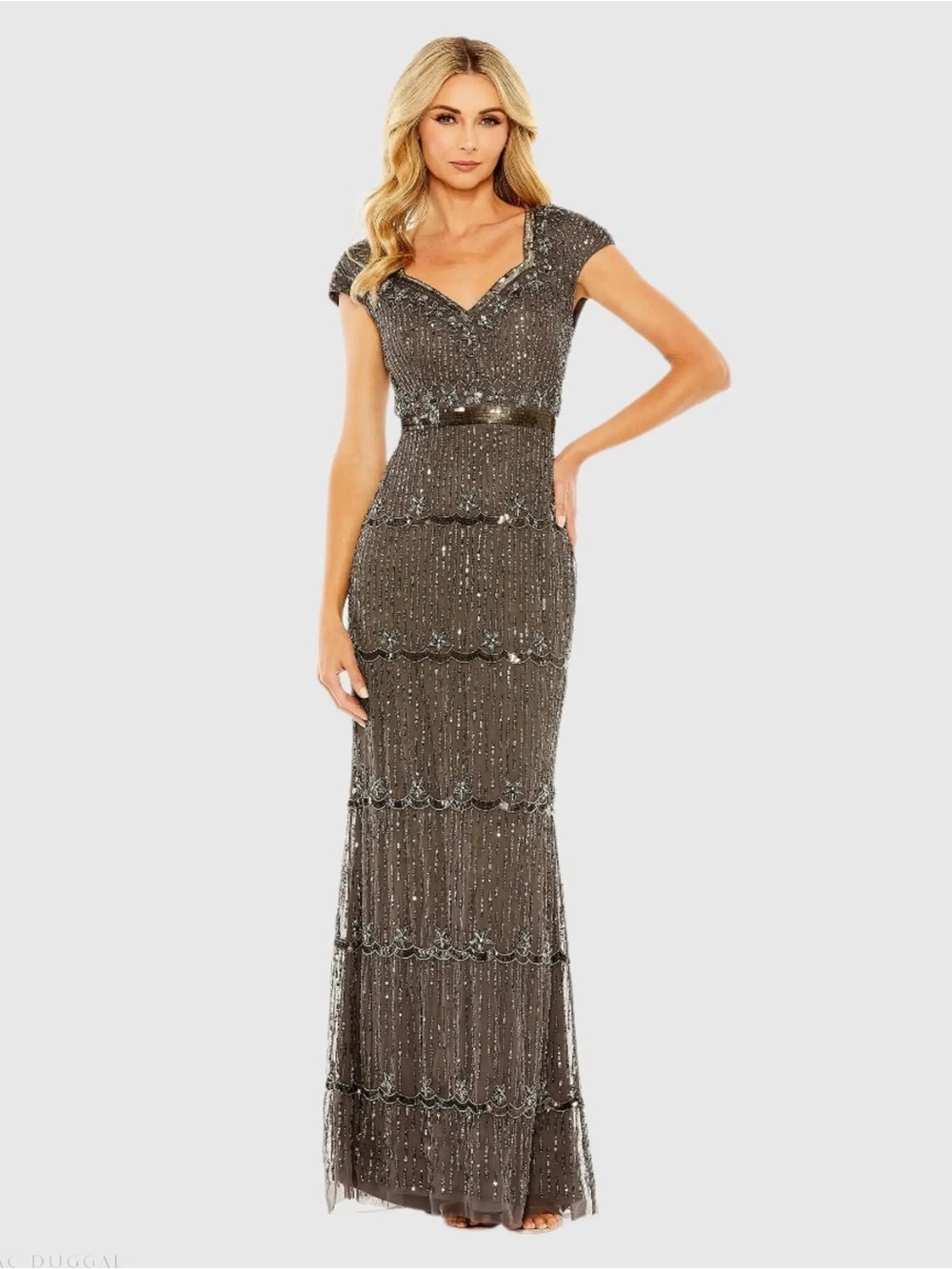 Mac Duggal 9089 Brown Sequin Cap Sleeve Sweetheart Column Gown Size 4 NWT